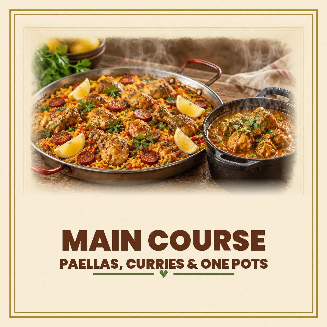 A Buen Apetito menu illustration featuring paella, curries and one pots