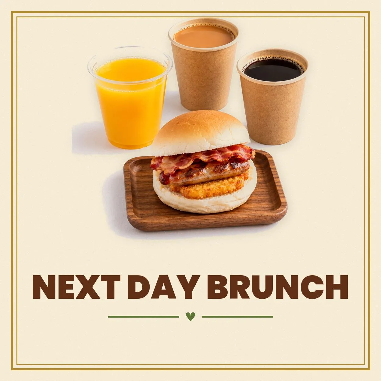 Next-day brunch with a breakfast bap, orange juice, tea and coffee