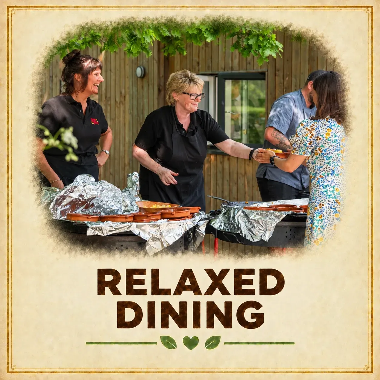 Buen Apetito team serving relaxed dining from the pans at a wedding